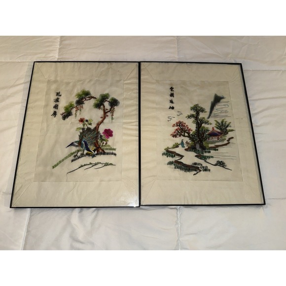 Other - 2 Vintage Chinese Silk Embroidery Paper Framed Peacock And Garden Imagery